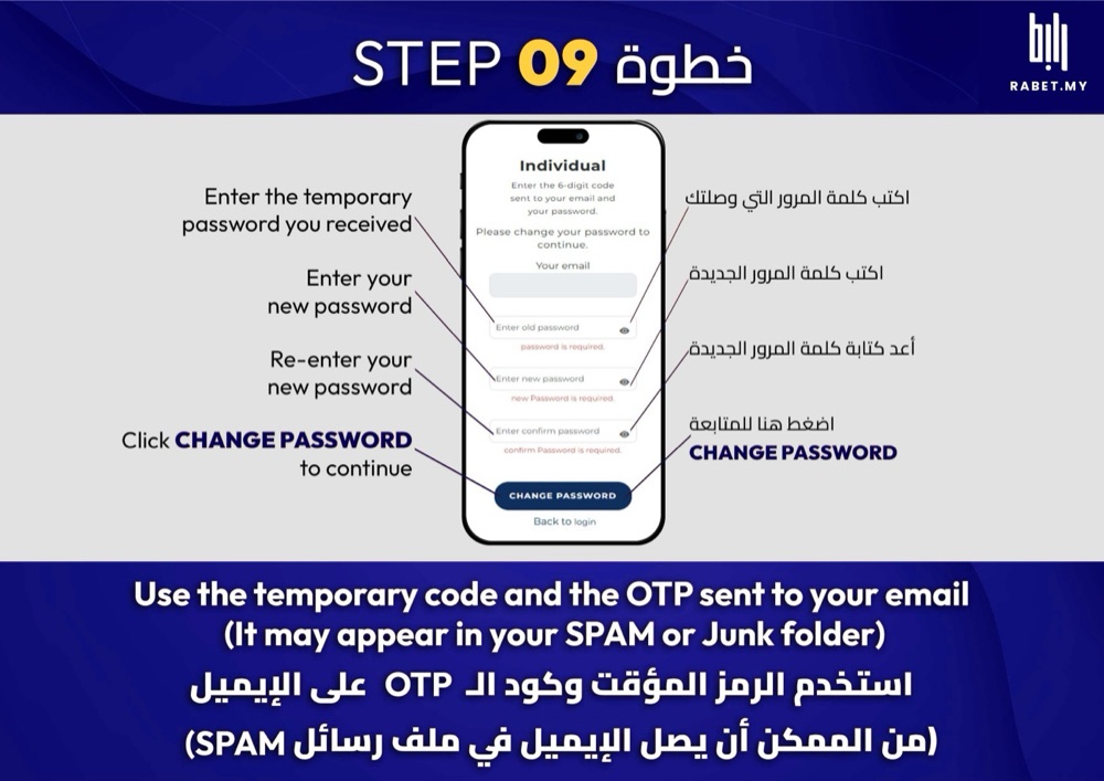 خطوة 9: اكتب كلمة المرور المؤقتة، ثم الجديدة مرتين، واضغط CHANGE PASSWORD.
